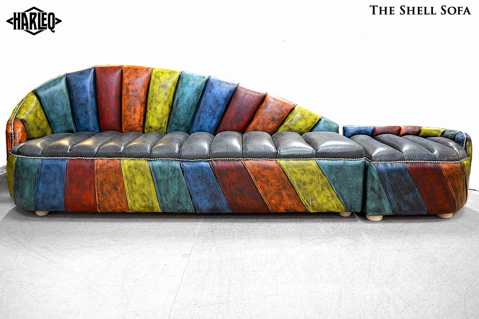 divano design moderno patchwork tubi multicolor rivestiti in pelle shell sofa loung modern design