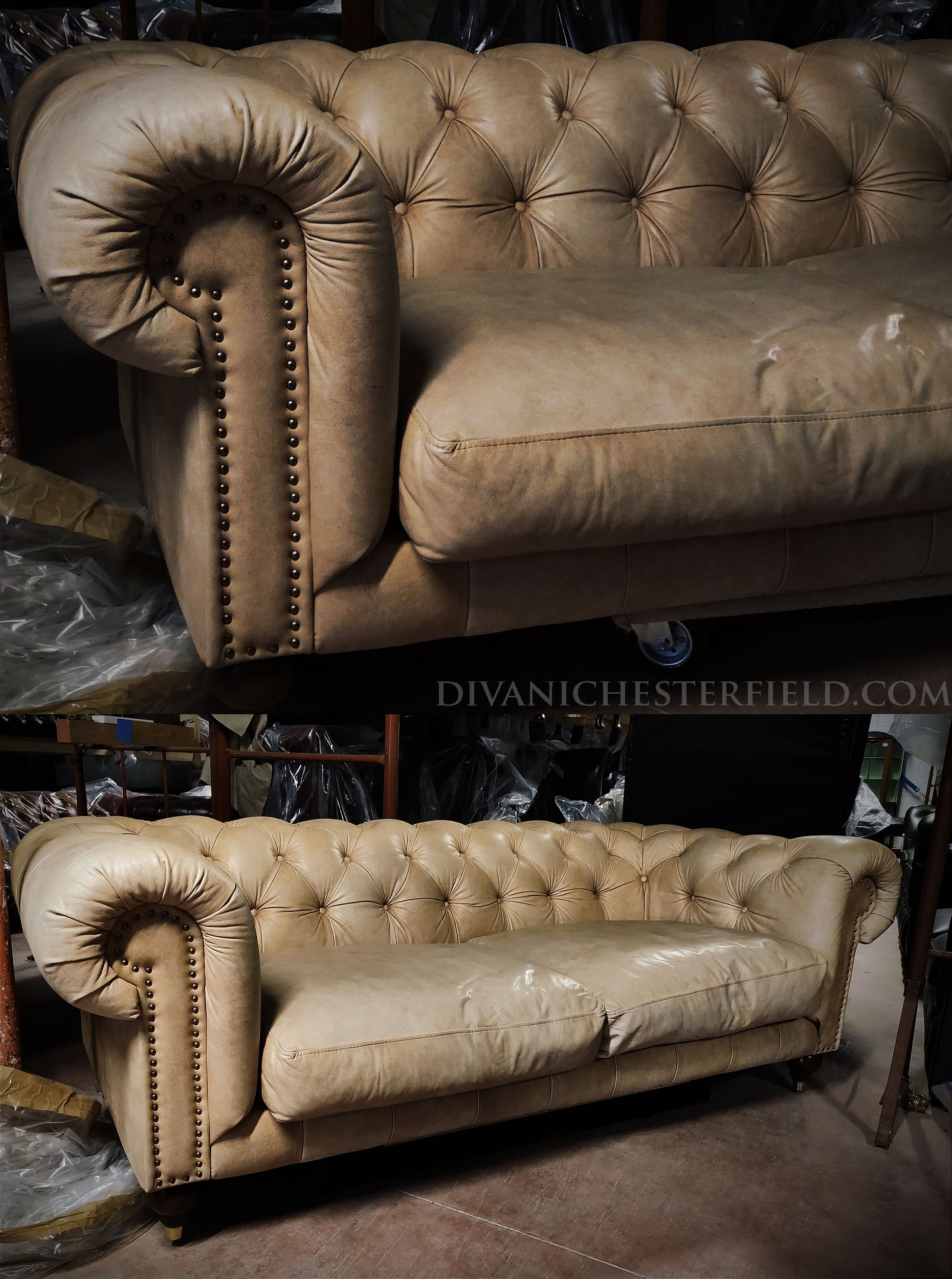 Originalissimo divano Chesterfield tre posti large pelle Premium avorio eccezionale manifattura