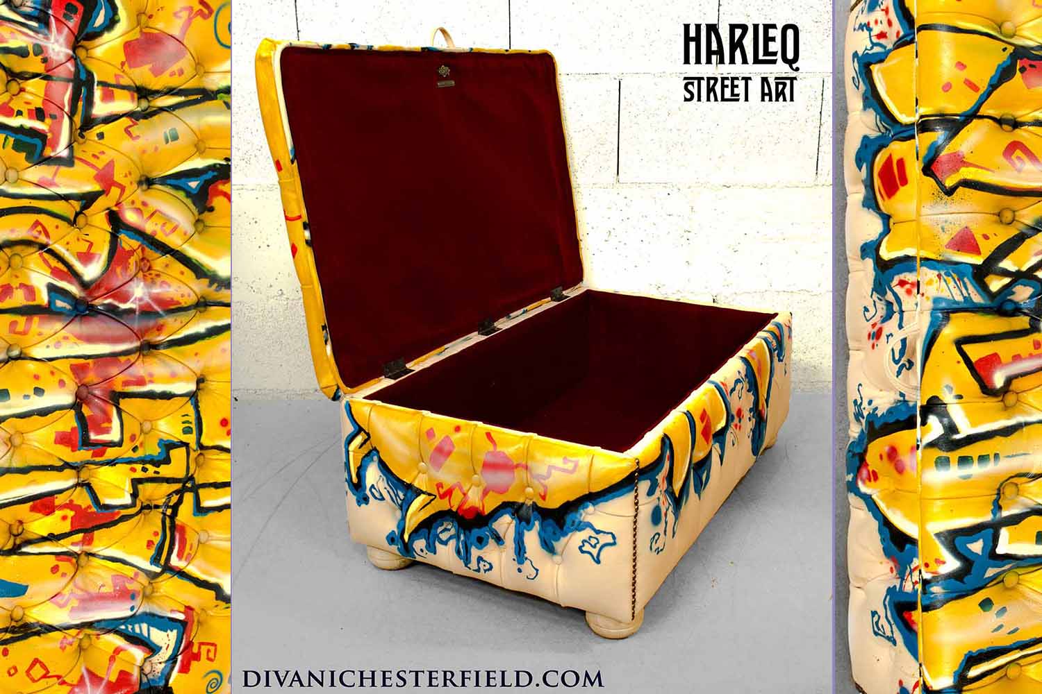 pouf ottoman patchwork graffiti street art leather footstool bespoke