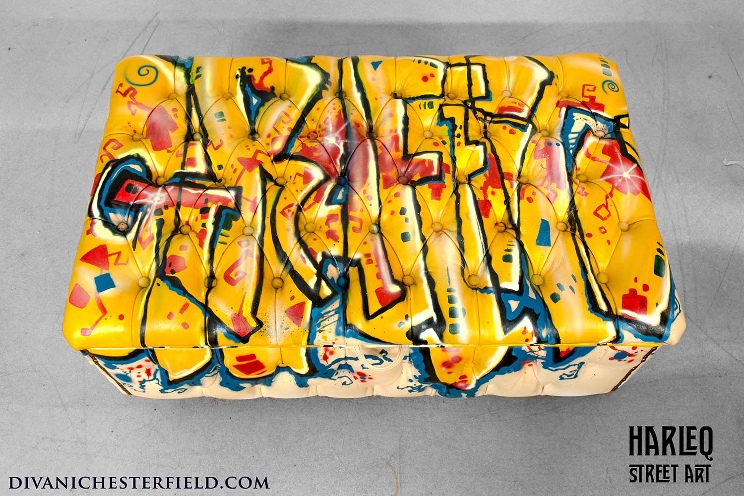 pouf ottoman patchwork graffiti street art leather footstool bespoke